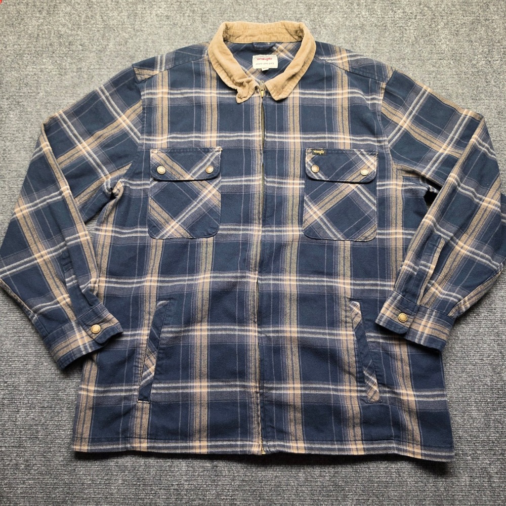 Wrangler Mens Blue Plaid Full Zip Flannel Shirt Jacket Corduroy Collar XL